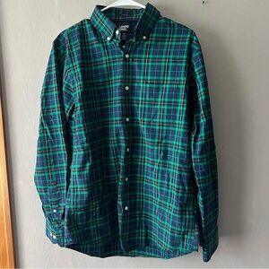 Lands' End Green Blue Tartan Plaid No Iron Twill Classic Button Down Size Medium